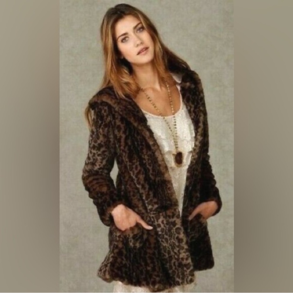 FREE PEOPLE faux fur leopard print hooded jacket coat, S. - Picture 6 of 12